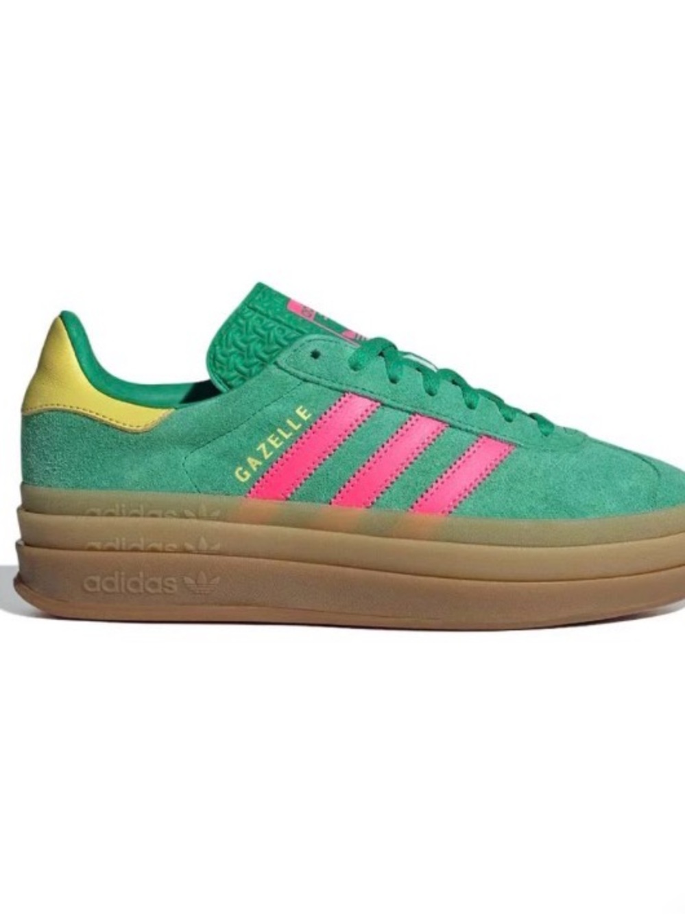 adidas Gazelle Women’s Suede Sneaker in Green with Pink and Yellow Accents